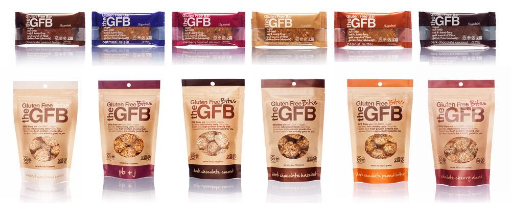 Several packages of The Gluten Free Bar snacks