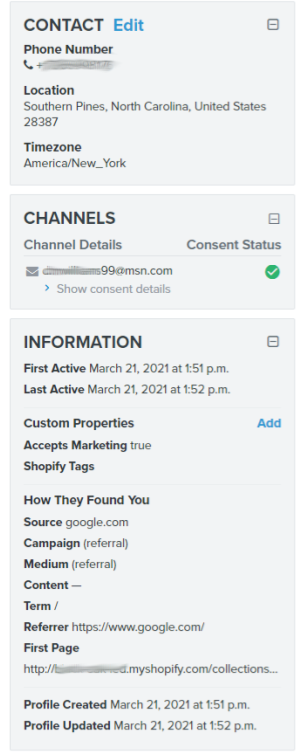 Subscribers profile in Klaviyo