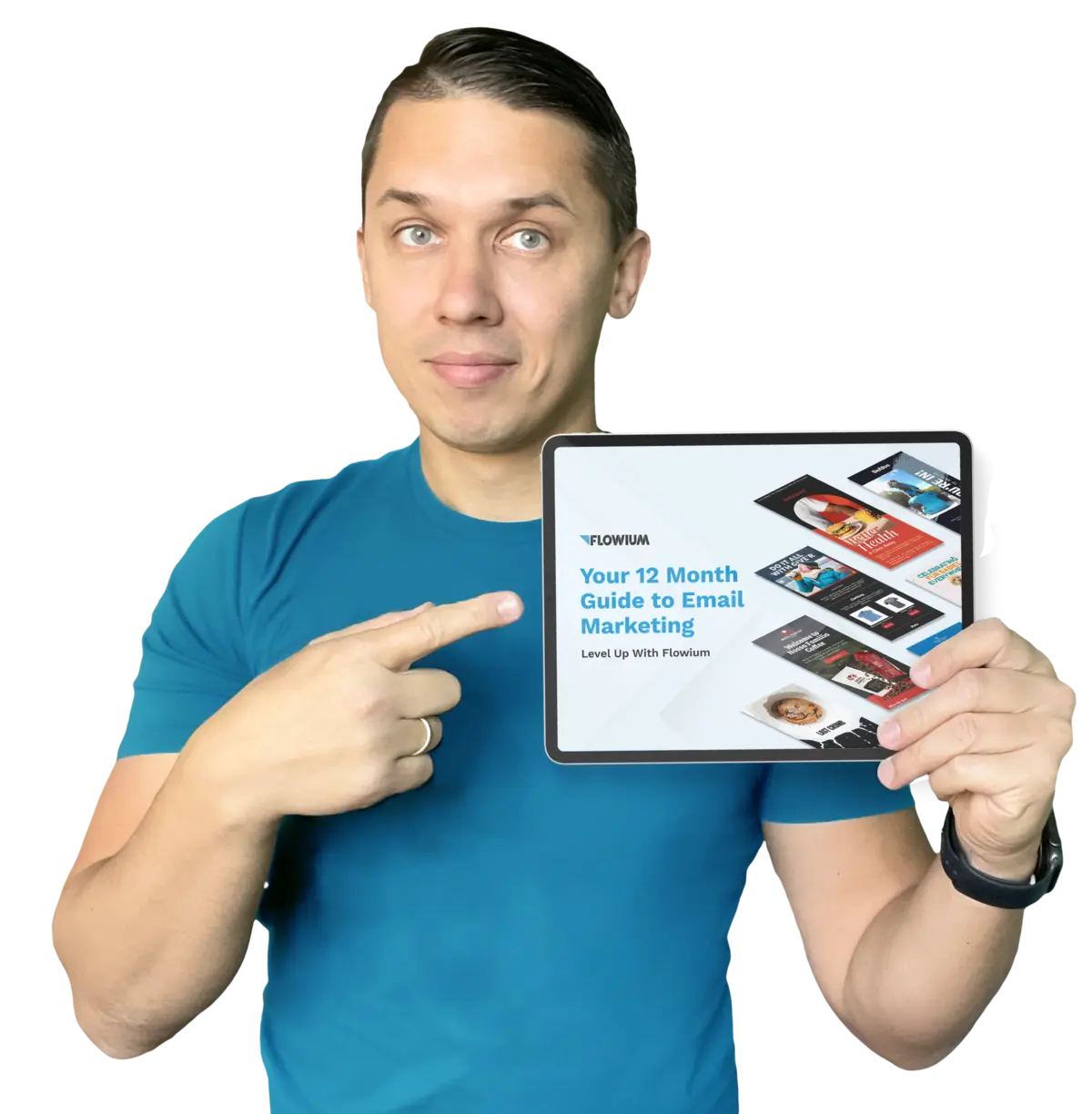 Andriy holding a tablet displaying your 12 month to email marketing.