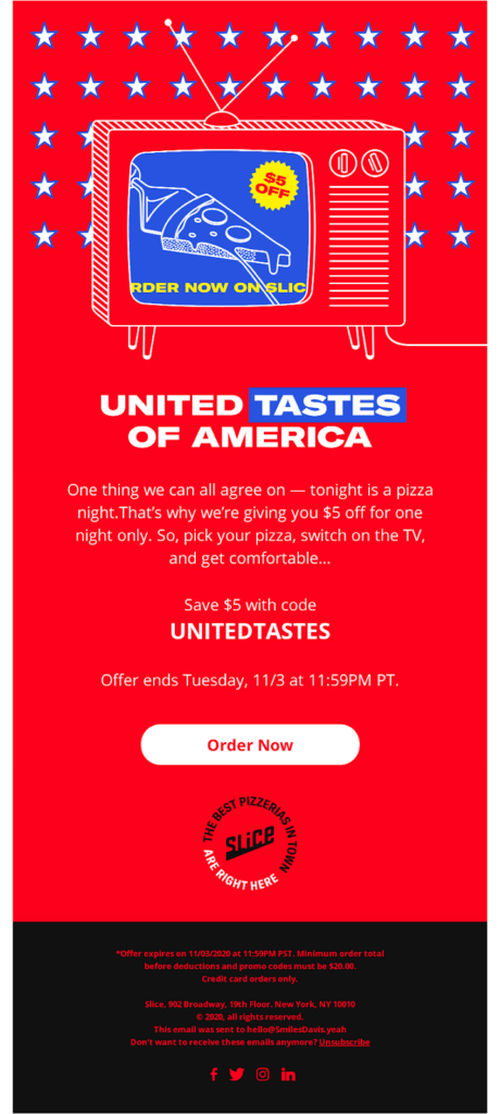 A vibrant red and white email design promoting the United Tastes of America event, showcasing diverse culinary delights.