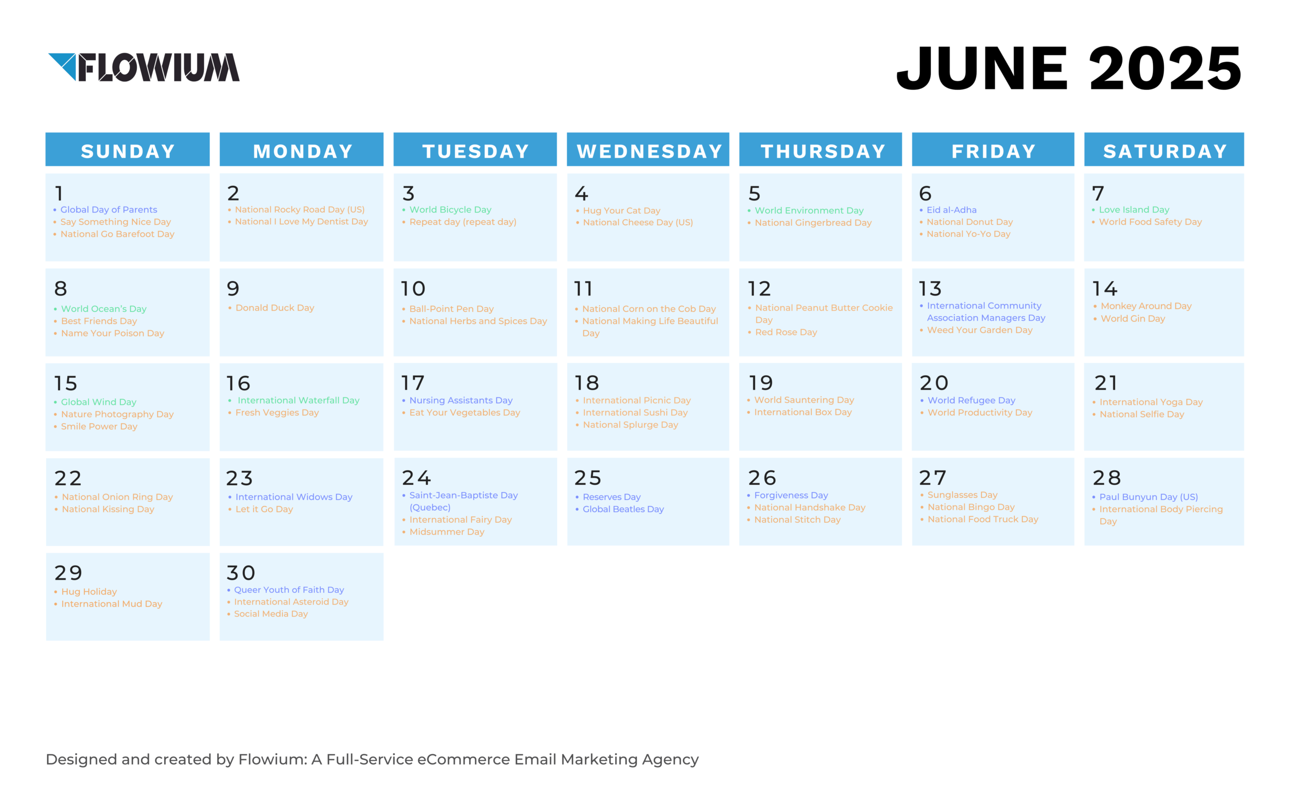 Email marketing calendar for June by Flowium.