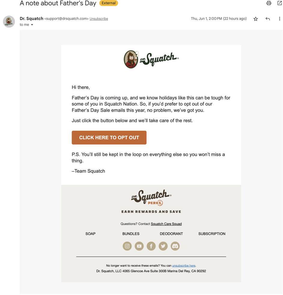 Dr.squatch fathers day email with opt-out message.