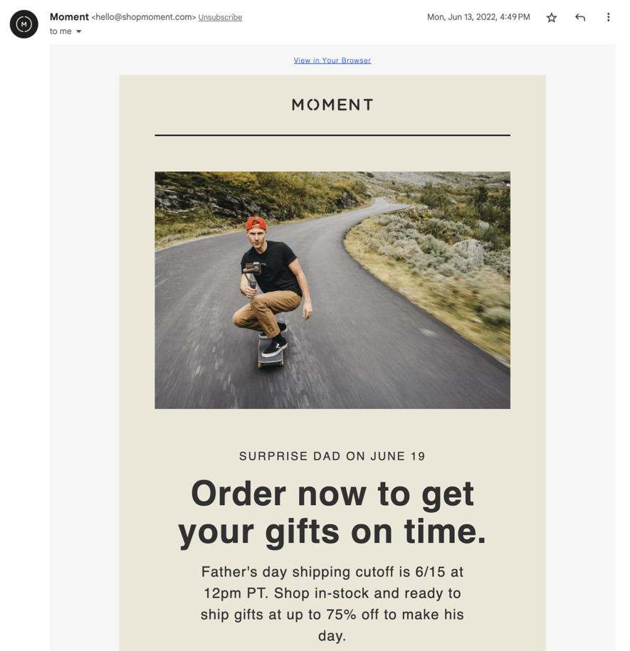 moment fathers day email with last day to buy to get on time before fathers day