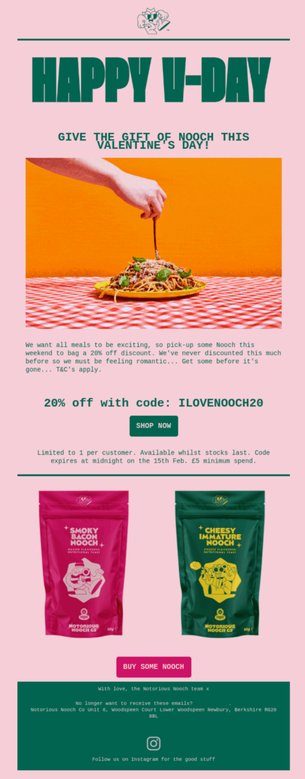 A vibrant Valentine's Day design showcasing a new vegan food delivery service, emphasizing love and healthy eating.