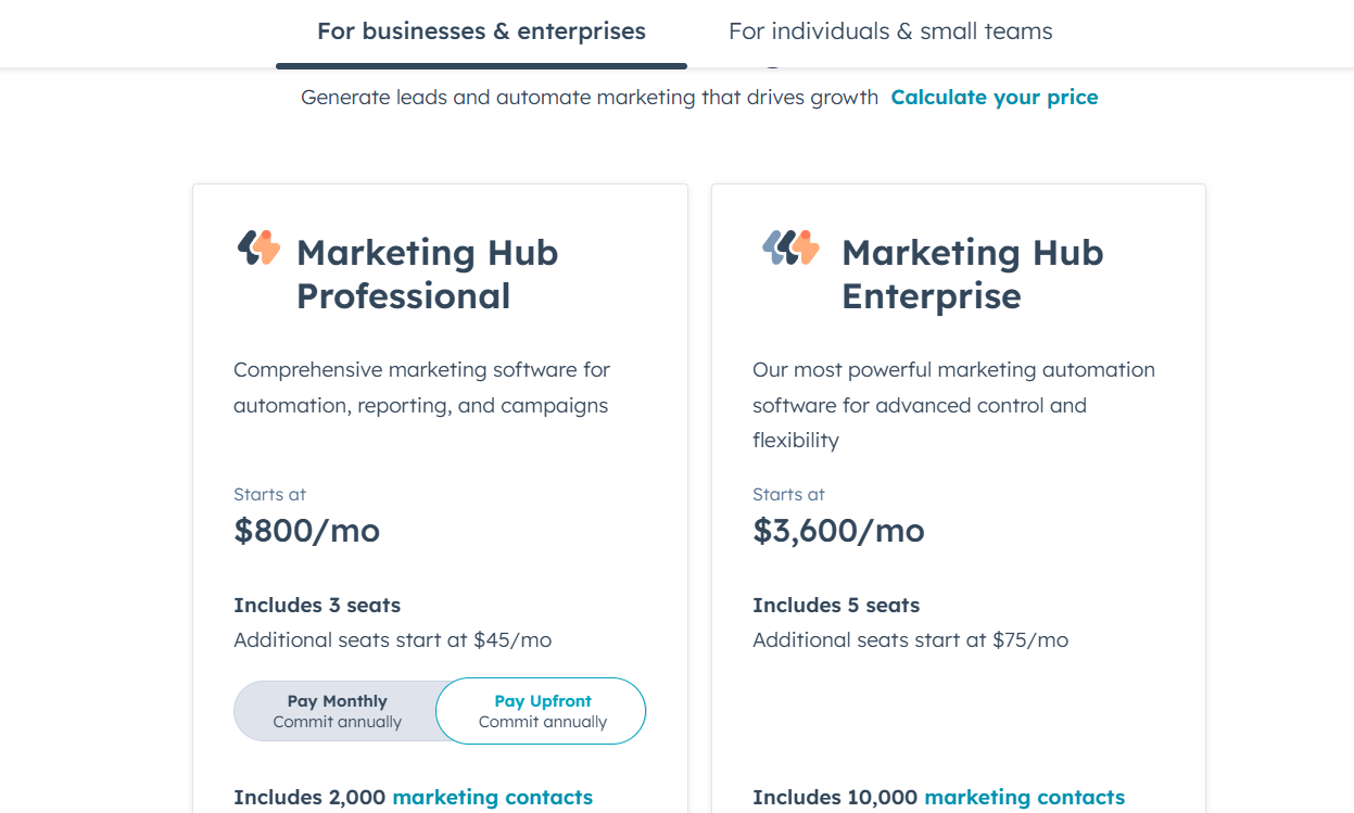 An image showing HubSpot pricing for businesses.