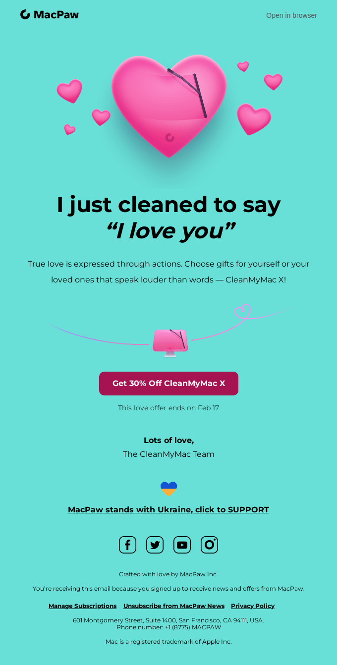 Email template for Valentine's Day showcasing lovely discounts to attract customers with special promotions.