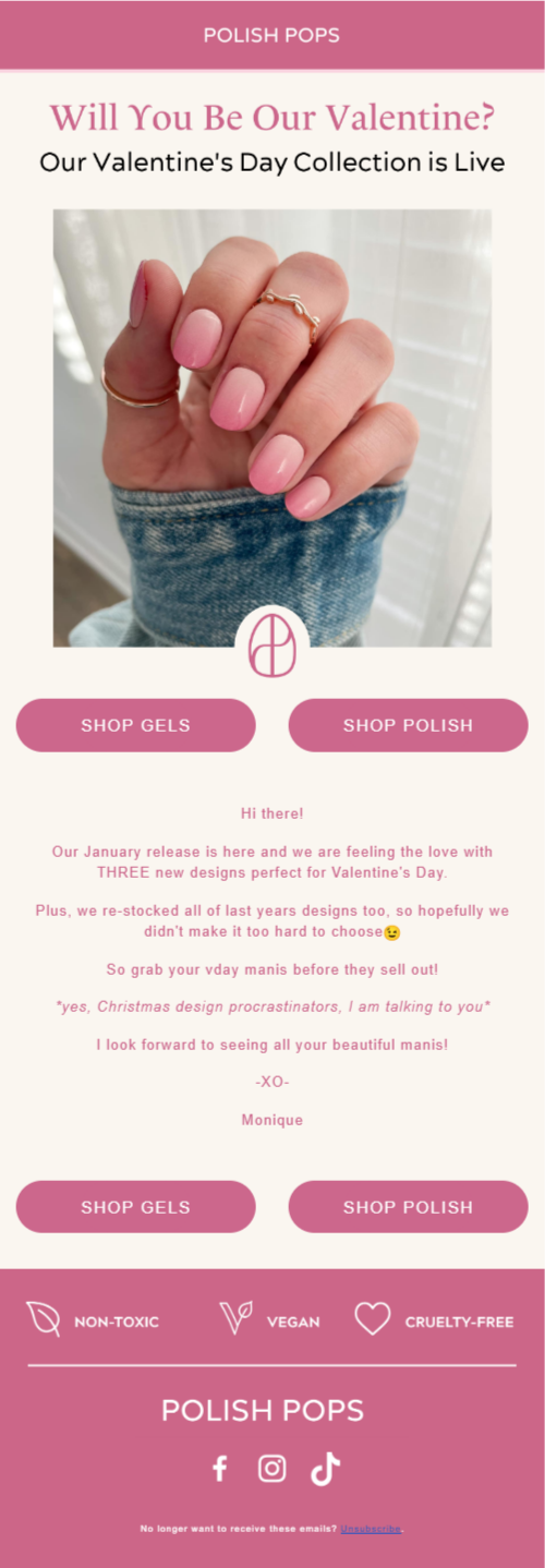 Polish pops email highlighting a Valentine's Day special, adorned with romantic imagery and enticing product displays.