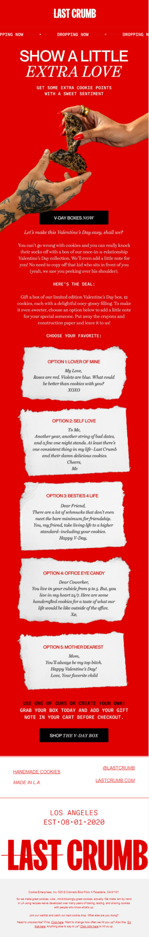 Email design from Last Crumb for Valentine's day.