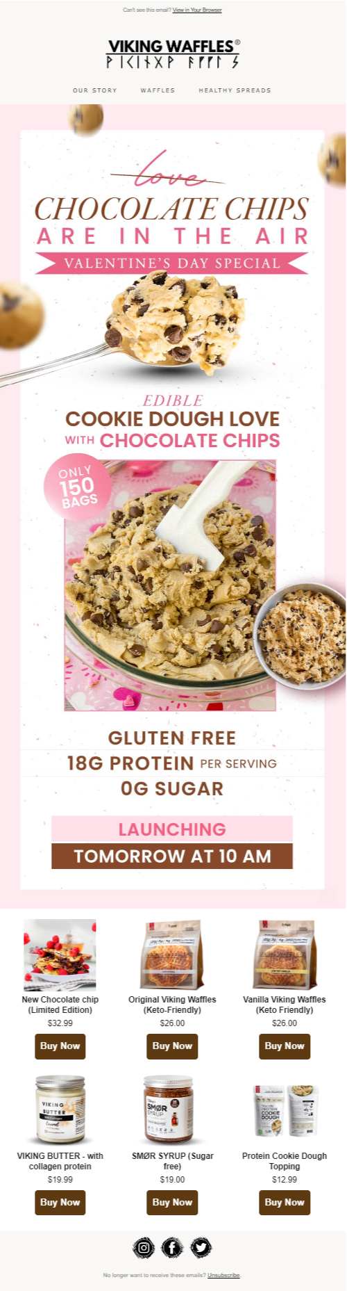 Valentine's Day special on the emaill for cookie dough and chocolate chip cookies, enticing customers with sweet treats.