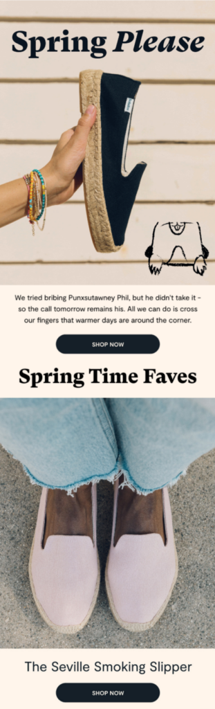 An array of spring footwear on sale, featuring bright colors and styles in honor of Groundhog Day and seasonal favorites.