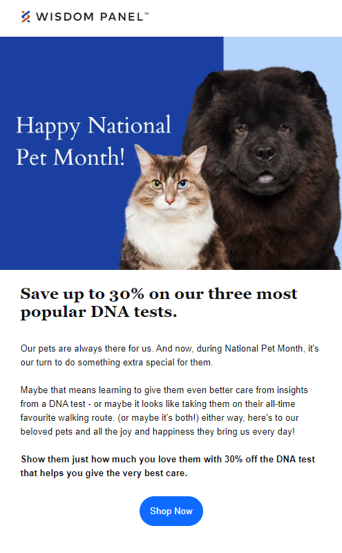 National Pet Month email example.