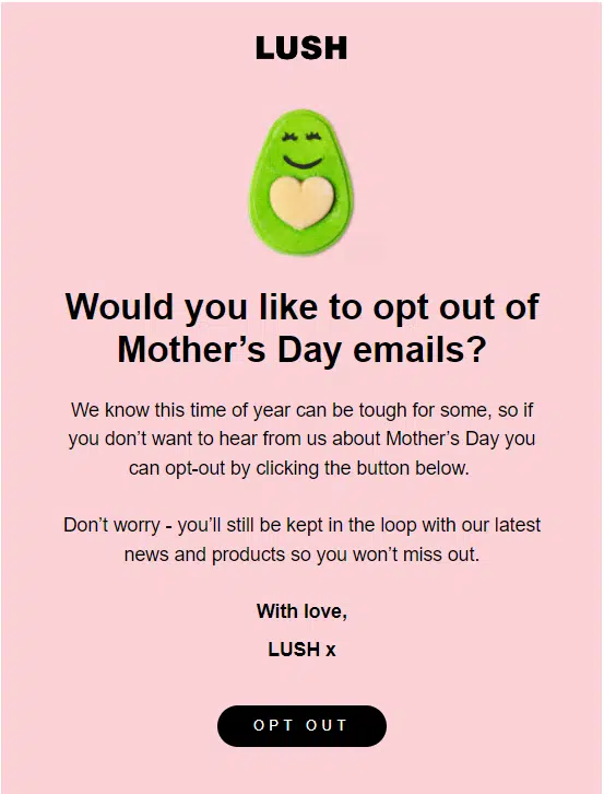 Mothers Day Email Example - Ask Permission in Mother's Day Email Outreach - Lush - Flowium