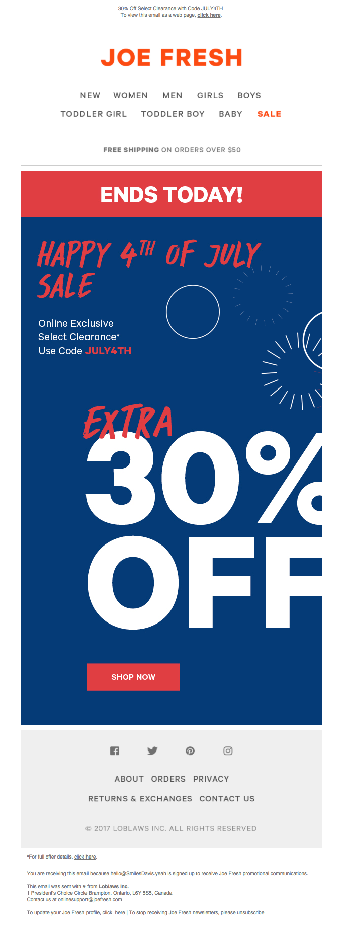 Independence day email by Joe Fresh.