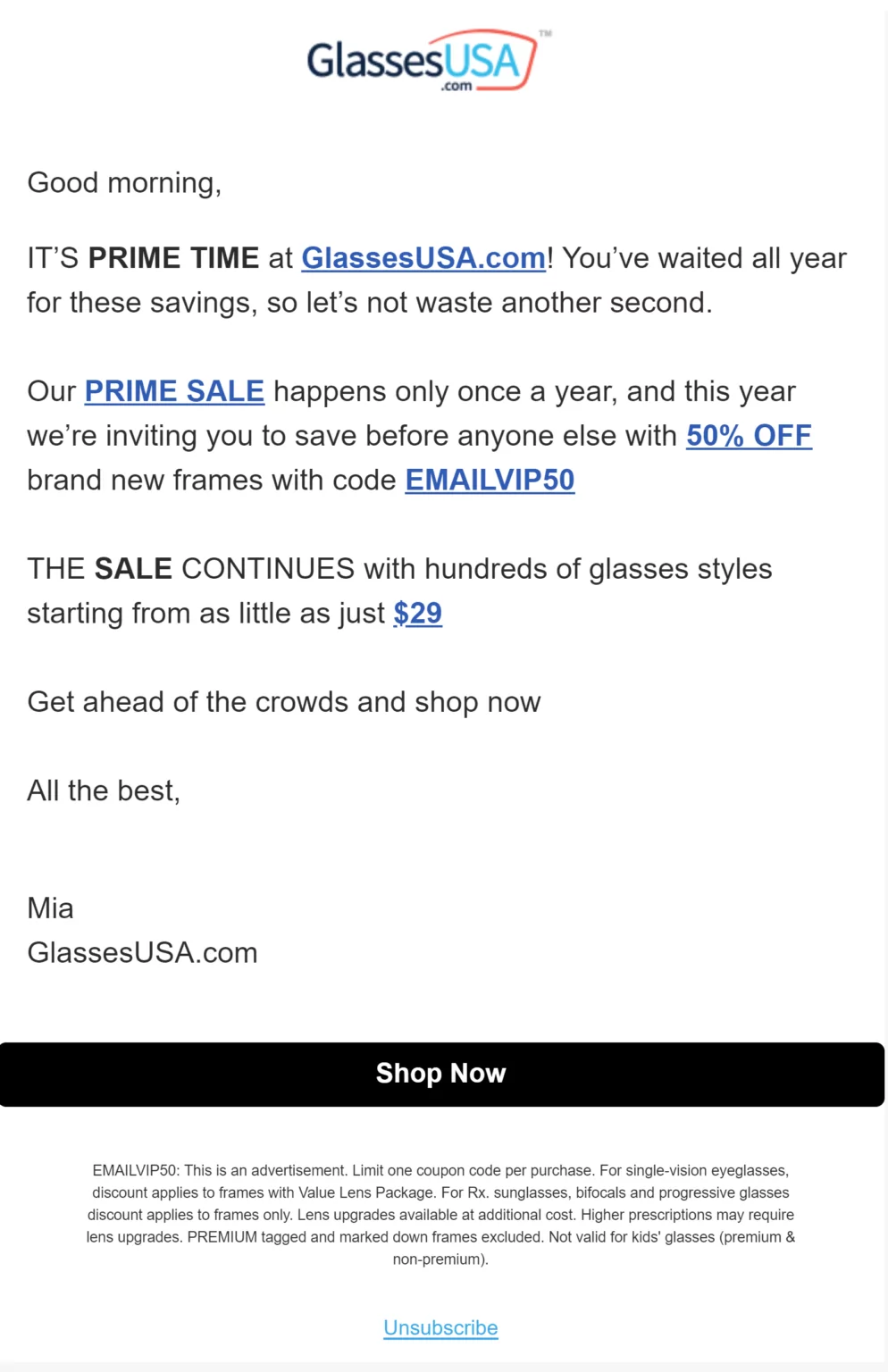 Prime day email by Glassesusa.com.