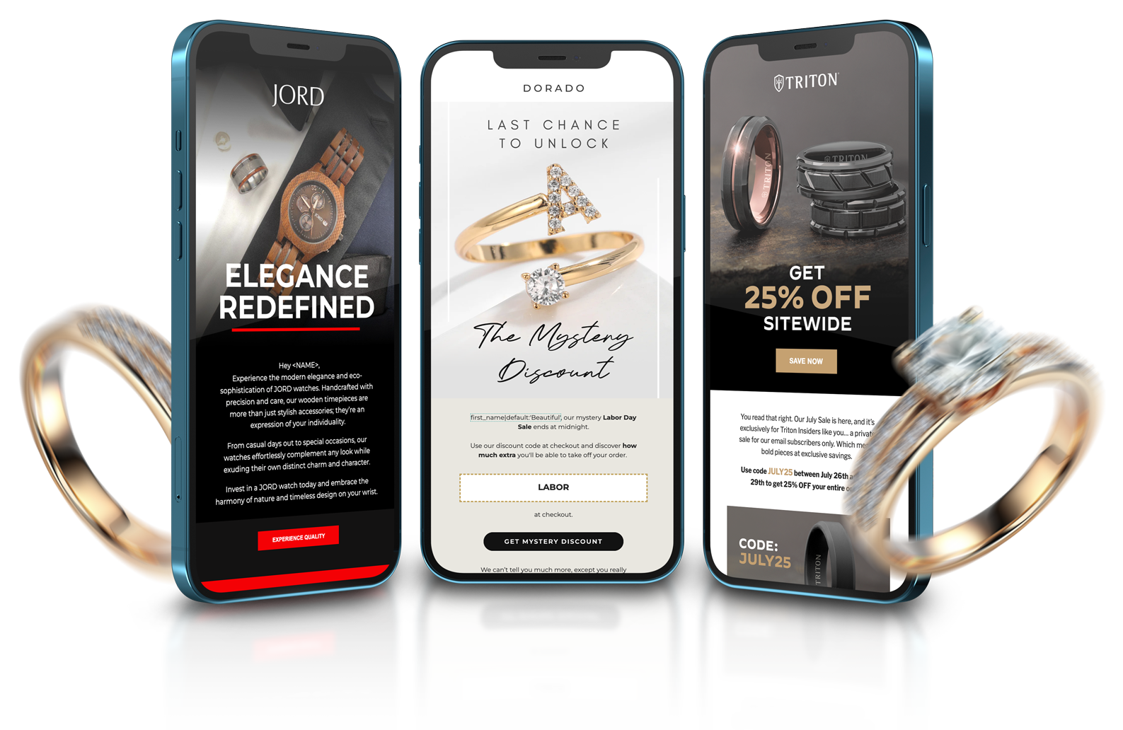 Three mobile phones show email designs.