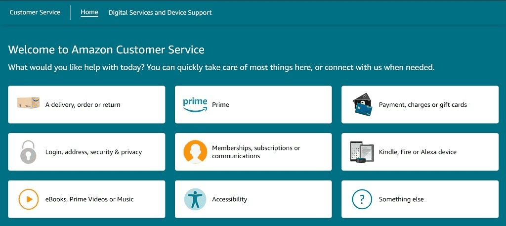 Screenshot showcasing Amazon Prime's exemplary customer support interface for customer service inquiries.