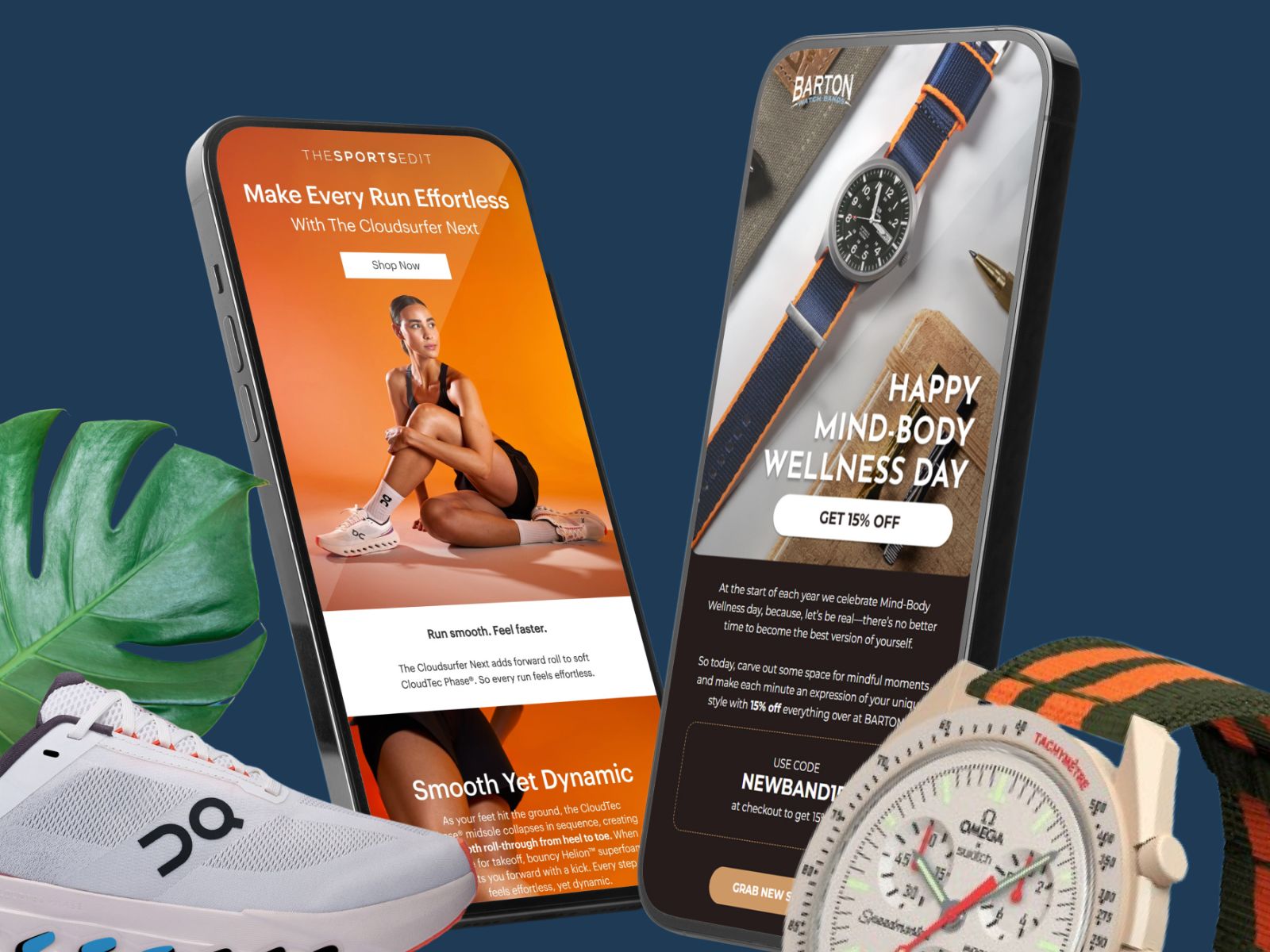 Two mobiles show email designs for fashion industry.