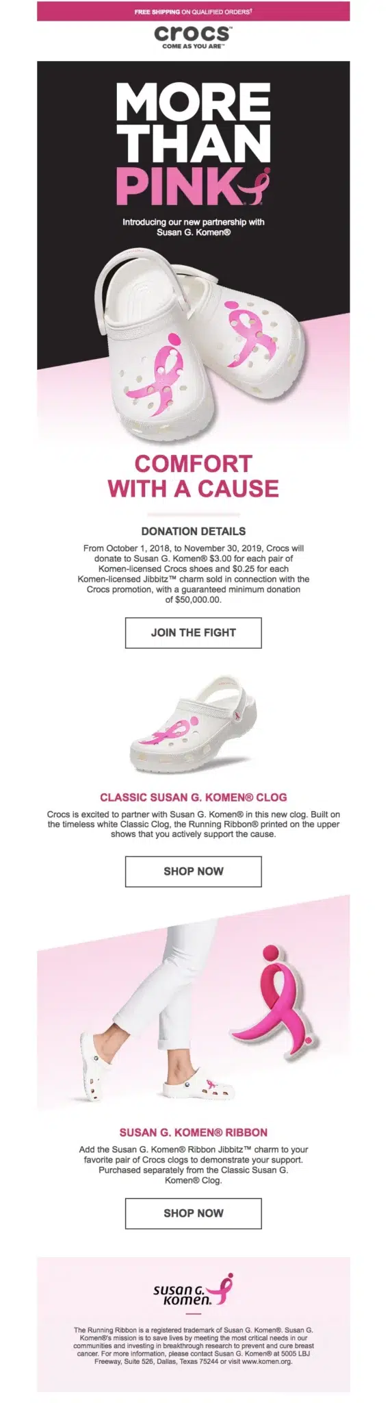 Breast cancer awareness month email by Crocs.