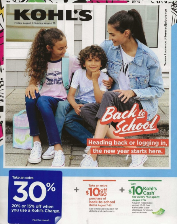 Kohl's back to school flyer promoting discounts for purchases made with Kohl’s Charge.