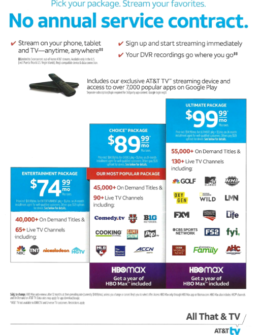 Schematic displaying all TV and internet packages offered for $99, illustrating cost-effective choices for customers.