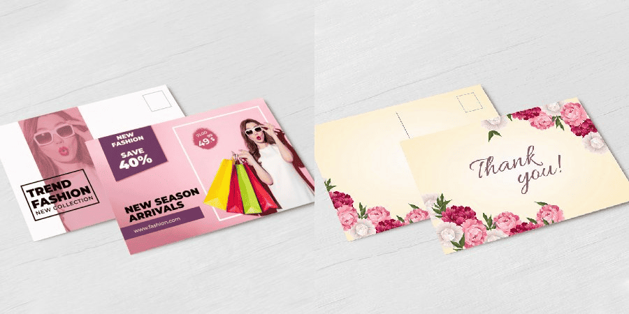 Three beautifully designed postcards with pink floral motifs.