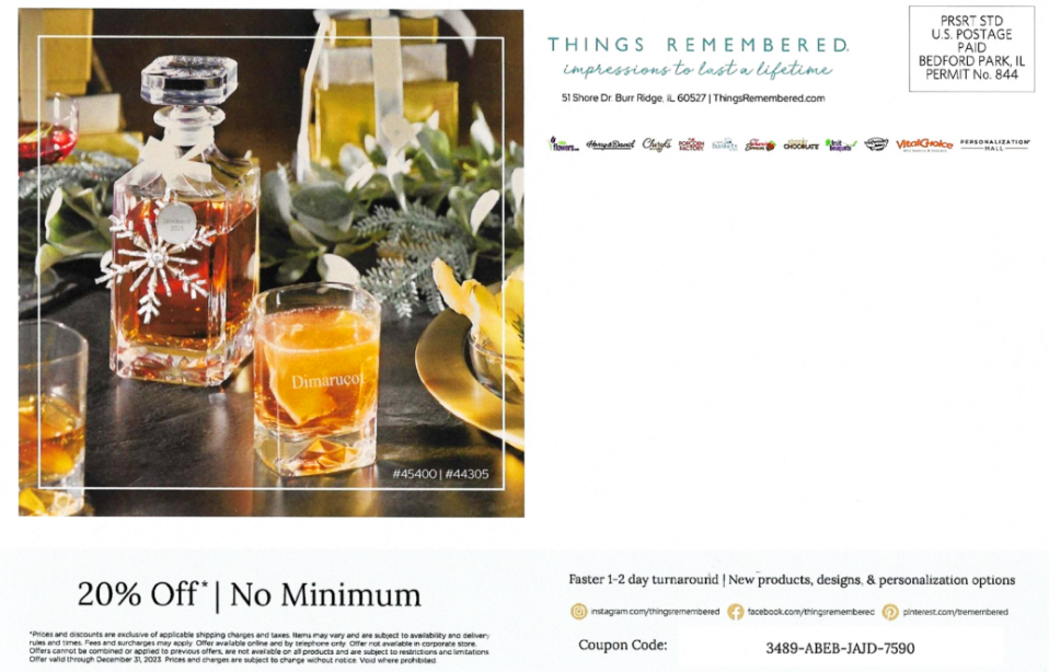 Things Remembered postcard featuring a personalized whiskey decanter and glass, offering 20% off with no minimum purchase, showcasing holiday gift ideas with fast personalization options.