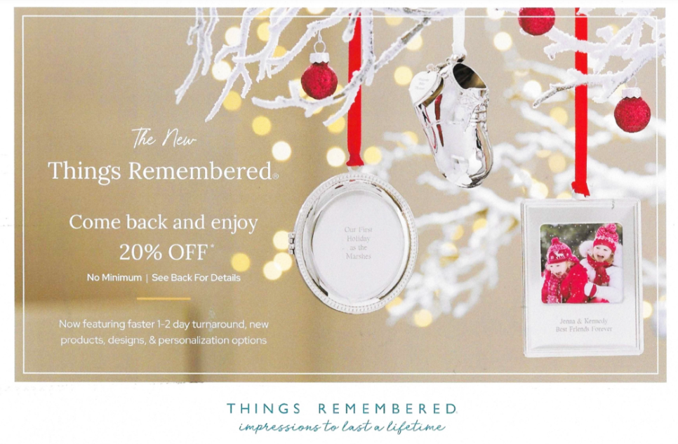 Things Remembered postcard featuring personalized holiday ornaments and offering a 20% discount with no minimum purchase, highlighting new products, designs, and faster personalization services.