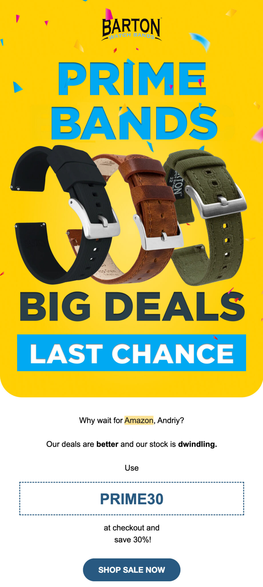 Prime day email by Barton Watches.