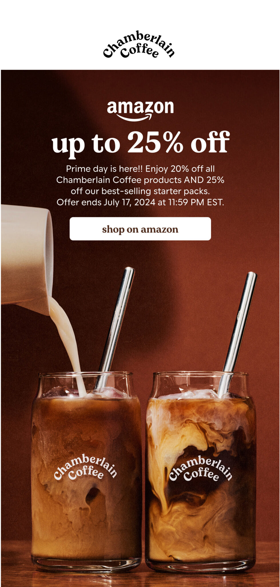 Prime day email by Chamberlain Coffee.