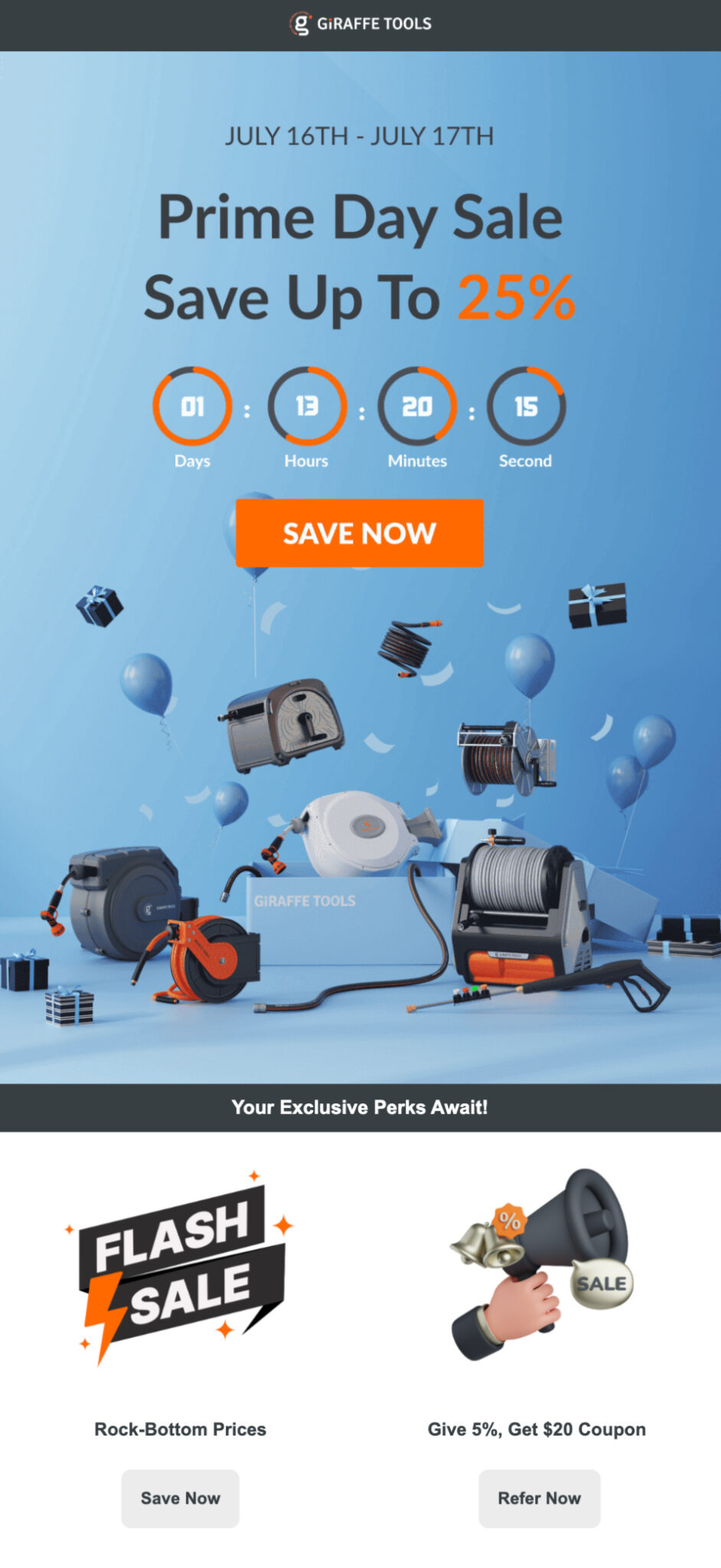 Prime day email by Giraffe Tools.