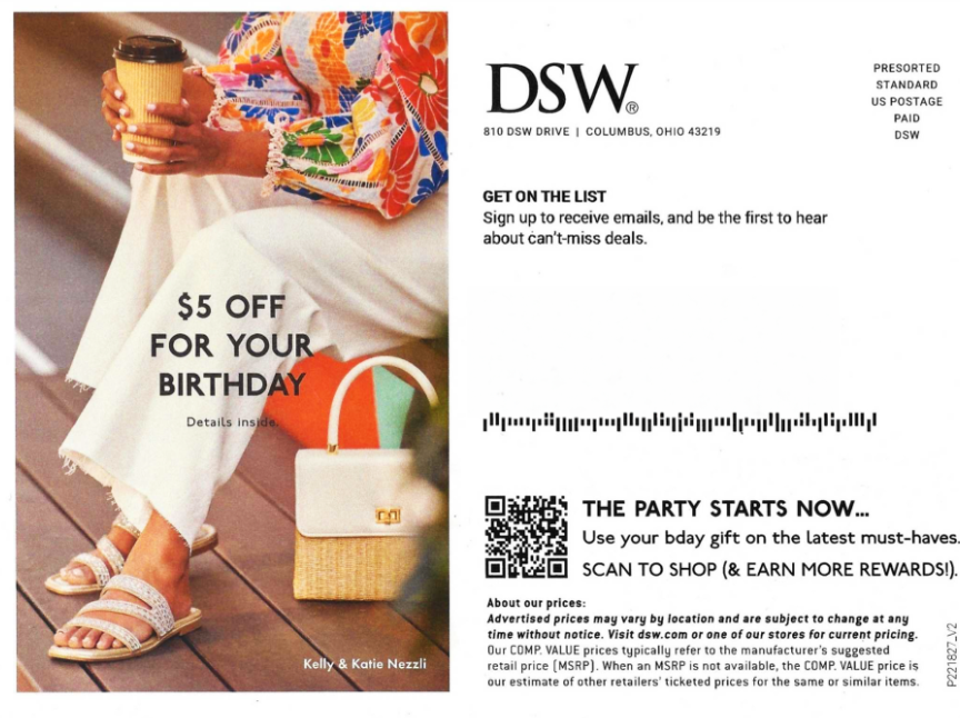 DSW coupon code displayed, indicating a promotional offer for discounts on footwear at DSW retail locations or website.