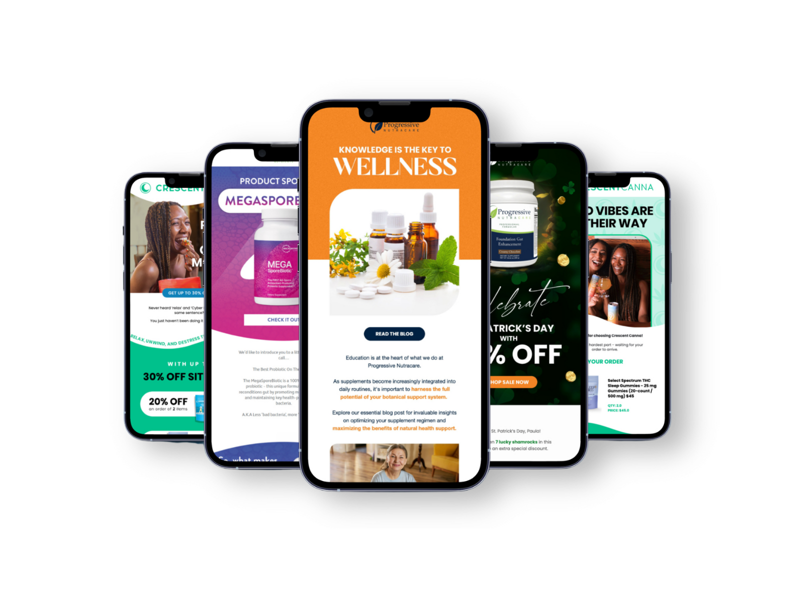 Mobile phones with email designs for Heath & Wellness case study.