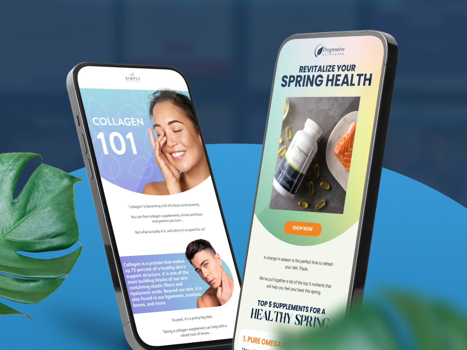 Two mobiles show health & wellness email designs.