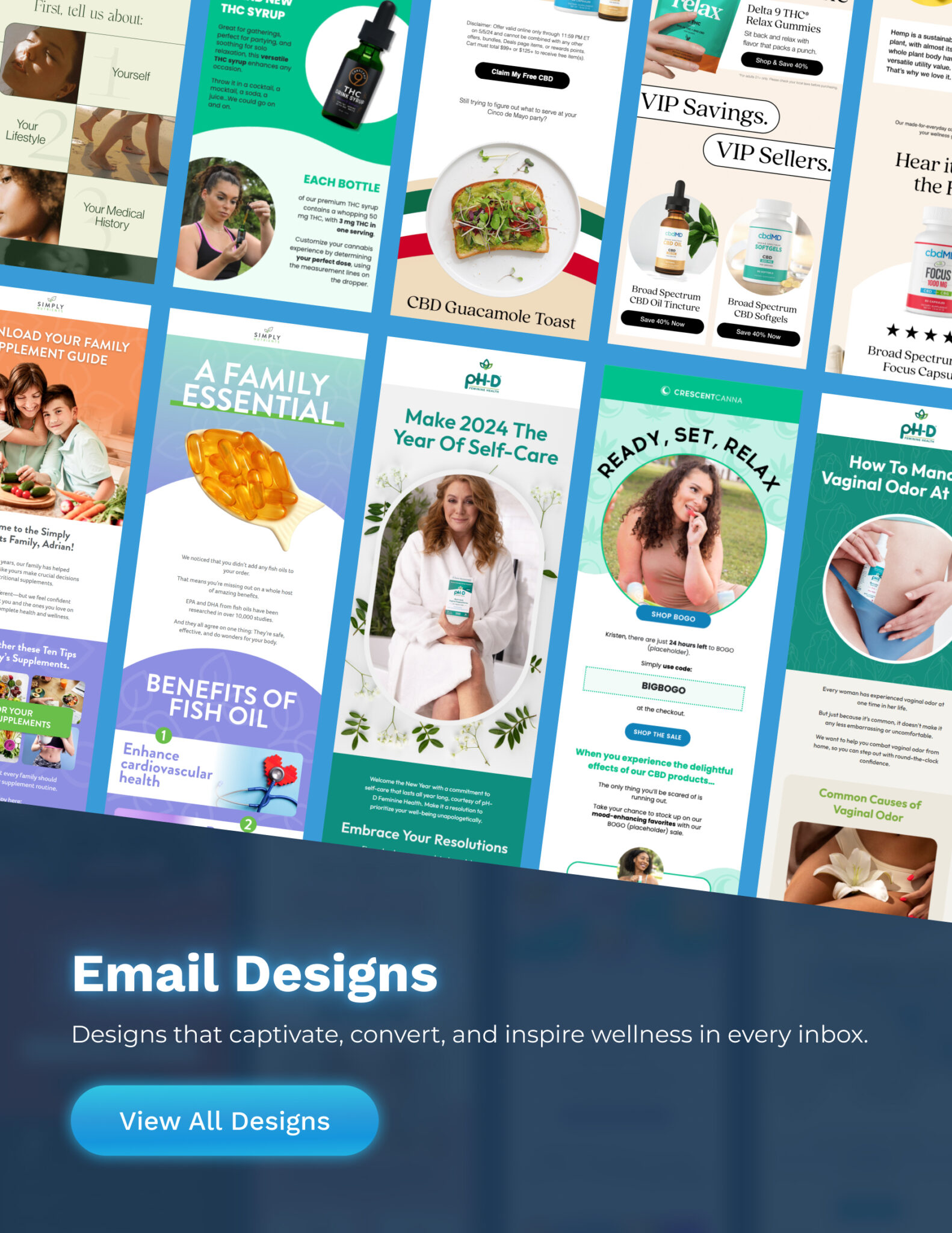 Different email designs in Health & Wellness industries.