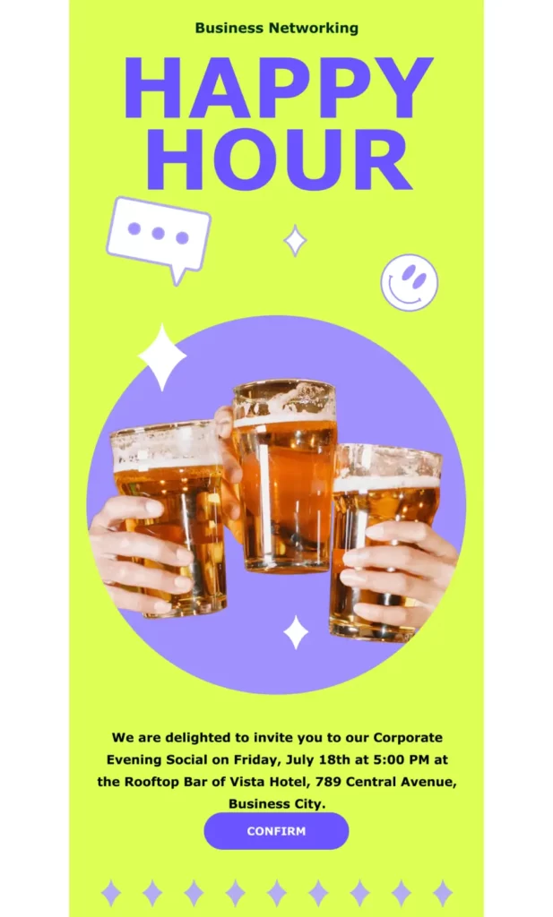 A vibrant happy hour flyer template featuring colorful graphics and enticing drink specials to attract clients.