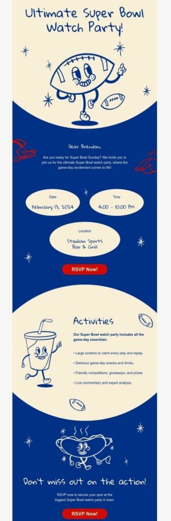 A vibrant blue and white email displaying a cartoon character, advertising a football event.