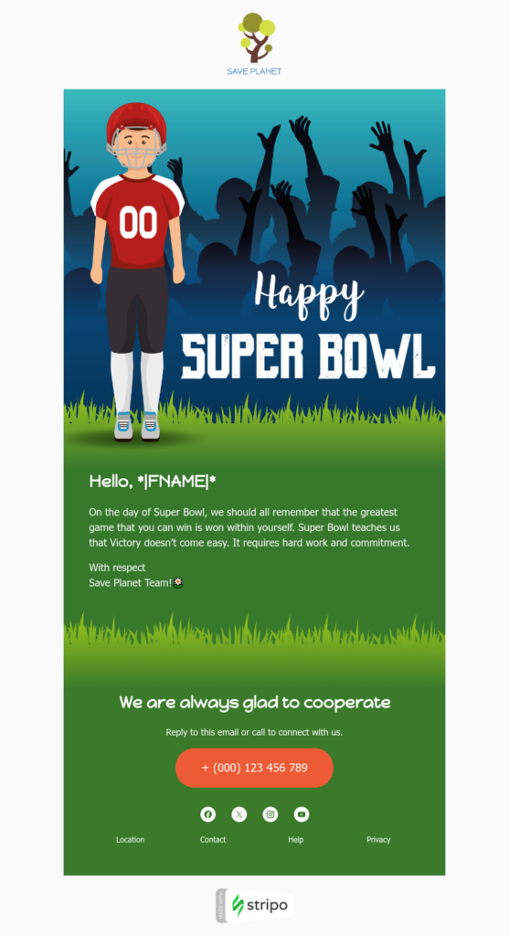 A vibrant football field featuring a cheerful Super Bowl email template.