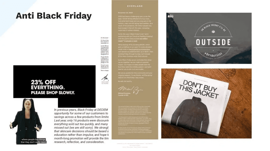 An informative graphic illustrating options for avoiding Black Friday, focusing on sustainable and responsible shopping practices.
