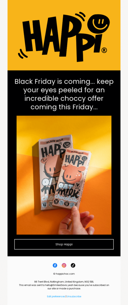 Eye-catching email design promoting a joyful Black Friday sale with attractive deals and festive visuals.