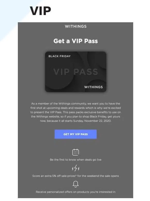Email template showcasing a VIP pass design, featuring elegant graphics and space for personalized details.