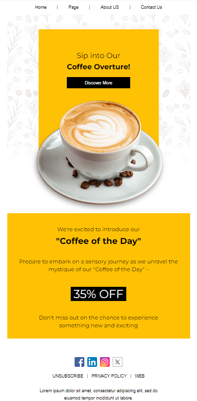 Email template design for a coffee shop, featuring warm colors and inviting graphics to attract customers.