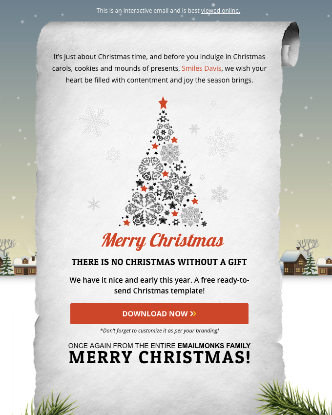 Festive email template showcasing a Christmas tree adorned with ornaments and snowflakes, perfect for holiday greetings.