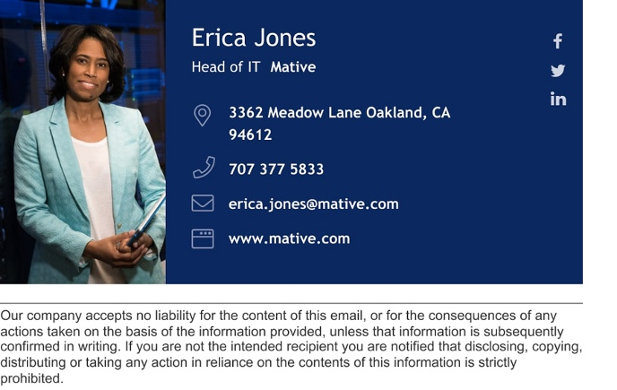 Example of Erica Jones's email signature, highlighting her role as an IT professional with relevant contact information.