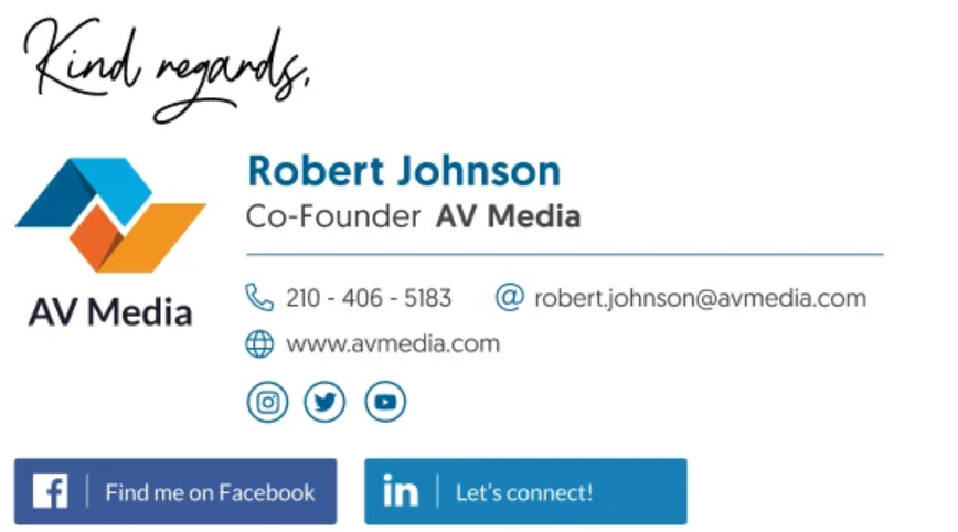 AV media business card featuring a sleek email signature design for professional branding.