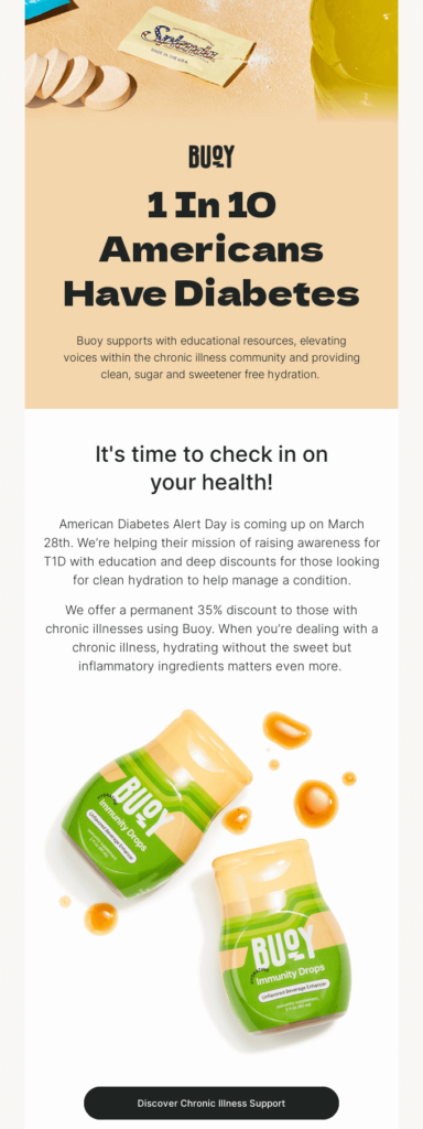 A page featuring a honey bottle alongside a sign reading "1 in 10 Americans have diabetes" highlighting health awareness.