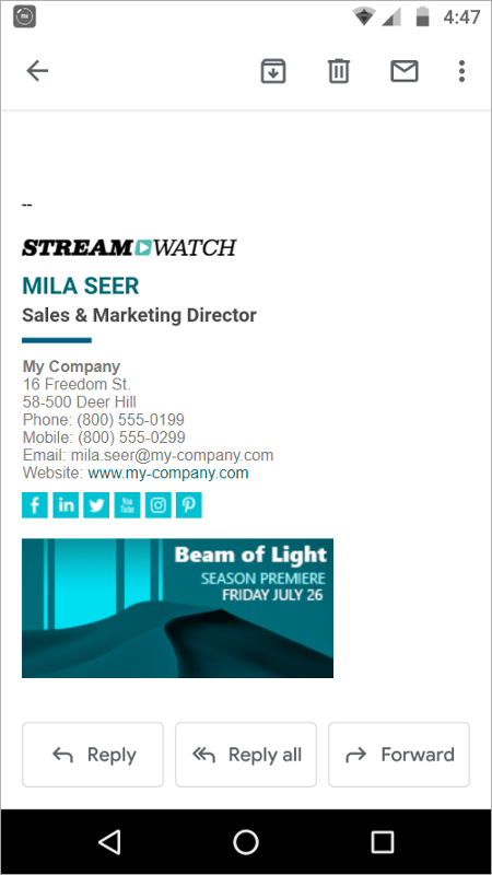 Streamgwatch screenshot displaying a sample email signature design for mobile use.