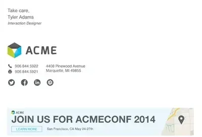 Professional email signature showcasing Acme Conference branding and design.