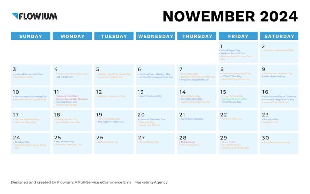 Flowium`s November calendar featuring key dates and events.