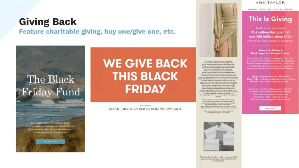 A page showcasing a Black Friday banner that highlights the importance of giving back during the holiday season.