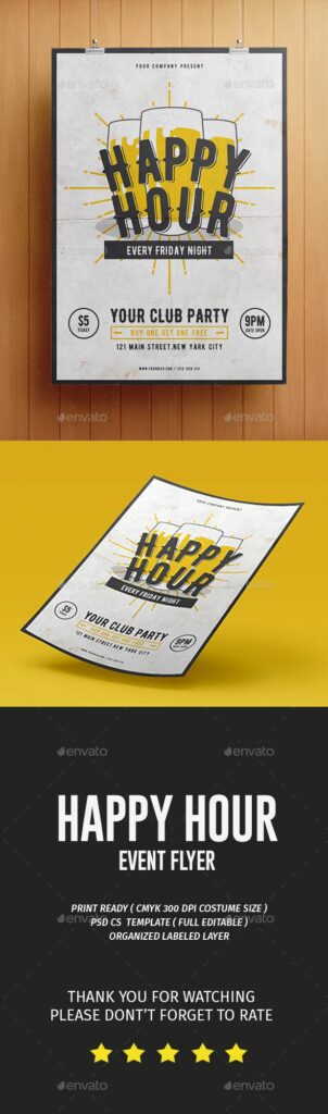 Bright yellow banner featuring prominent black text advertising a happy hour special.